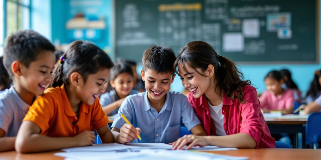 Kelas penuh siswa belajar dengan antusias di Indonesia.